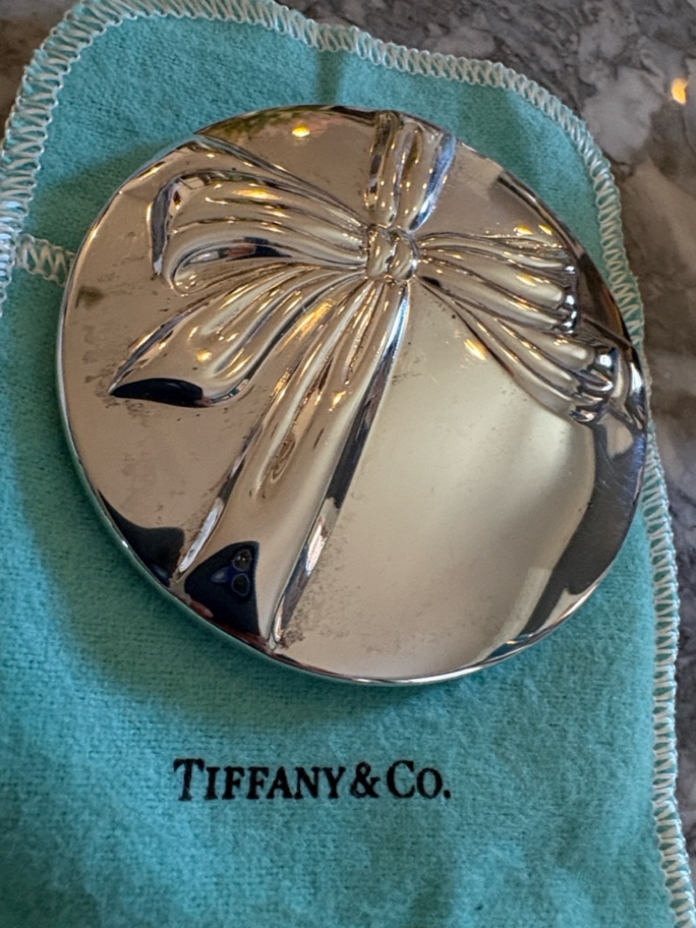 Tiffany & Co. Sterling Silver Bow Compact Mirror on Signature Blue Tiffany Pouch